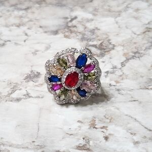 New Vivid Colorful Gemstones Rhodium Ring